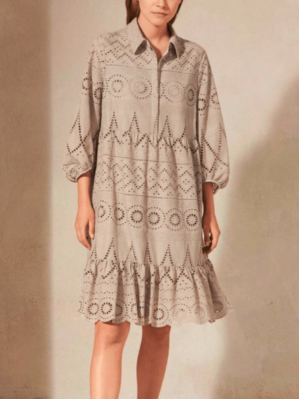 Luisa Cerano SS22 Taupe Cotton Broderie Anglaise Shirt Dress